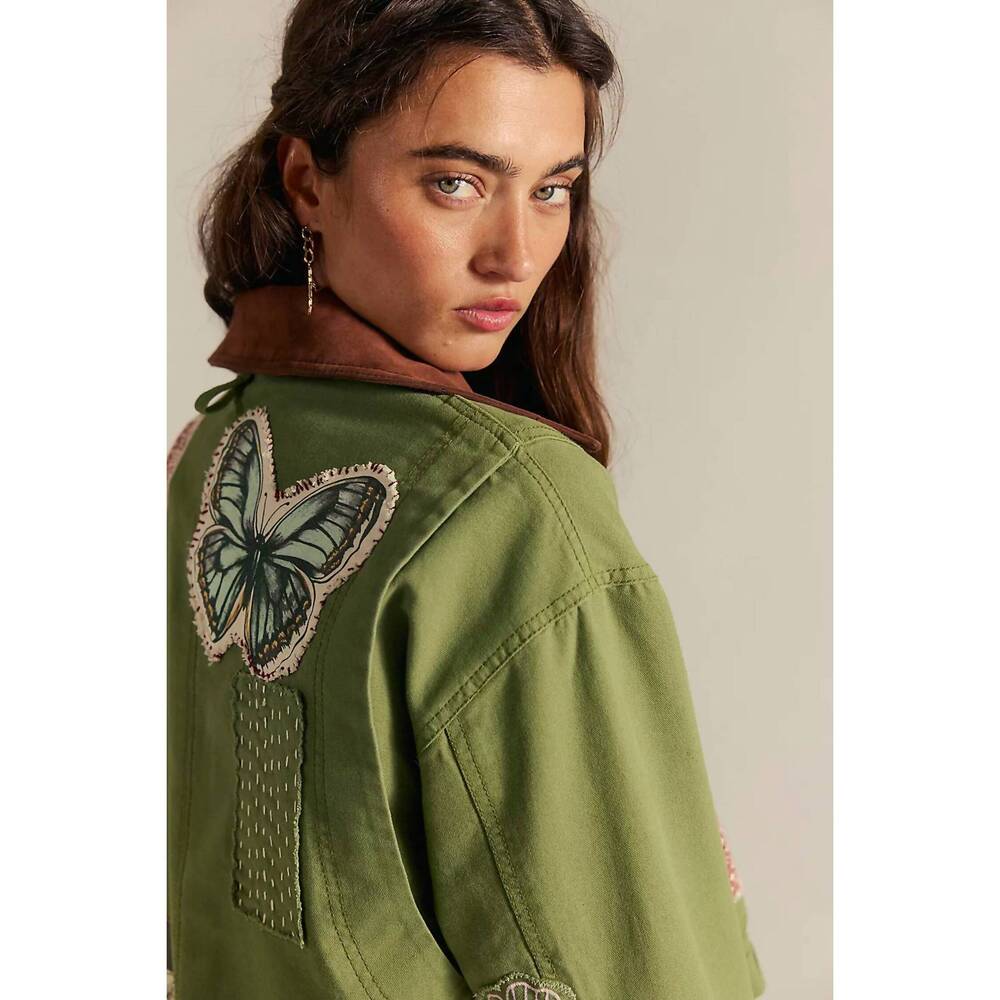 NEW FREE PEOPLE martha workwear appliques jacket in green - Picture 3 of 3